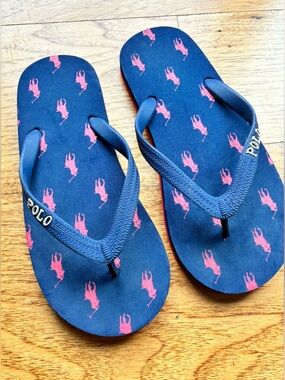 Polo Ralph Lauren Flip Flops Kids Boys Size 4/5 Navy& Red Pony Preppy nautical